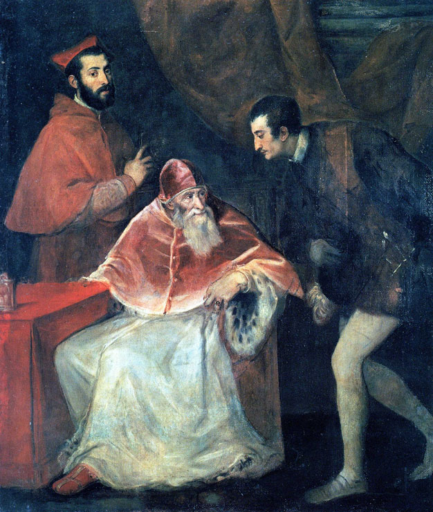 Тициан - Папа Павел с Алессандро и Оттавио Фарнезе (1546).