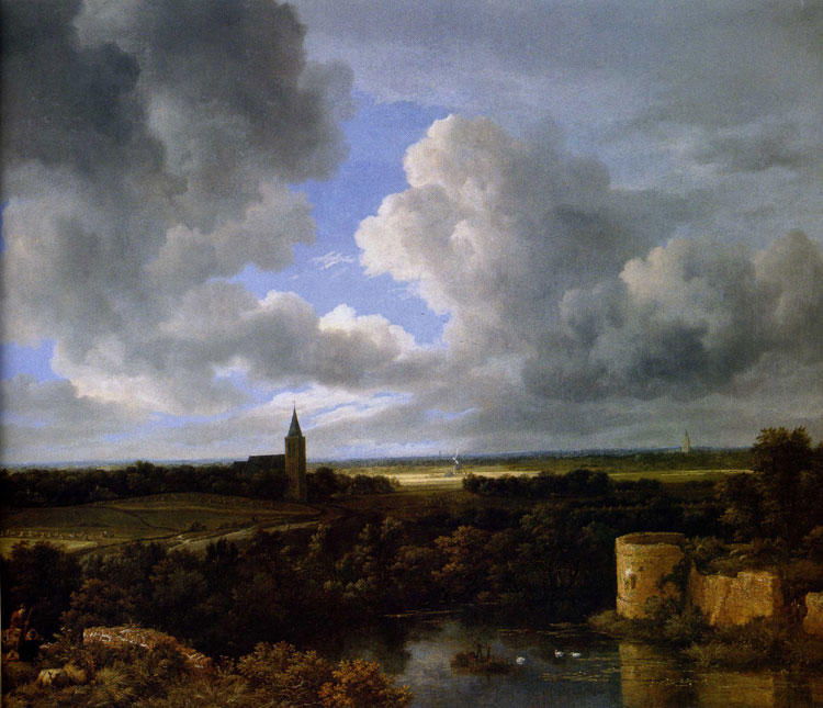 Якоб ван Рейсдал - «Пейзаж с руинами замка и церковью» (1665-70).